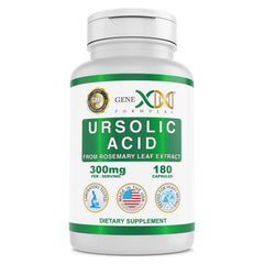 Genex Ursolic Acid bottle with rosemary extract, signaling convenient daily supplement for wellness support.