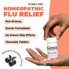 Genexa Flu Fix ingredients panel highlights clean, organic, and non-GMO formulation.