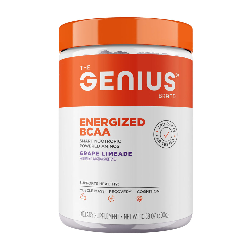 Genius BCAA Powder bottle in grape limeade flavor for post-workout recovery.