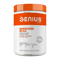 The Genius Brand Genius BCAA Powder orange bottle closeup highlighting recovery support.