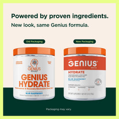 Glass of Genius Hydrate ready-to-drink hydration with blue raspberry flavor.