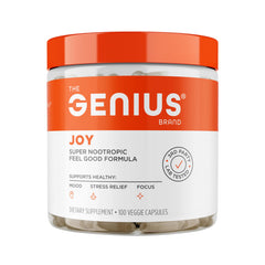 Genius Joy bottle cap with capsules suggesting natural mood support
