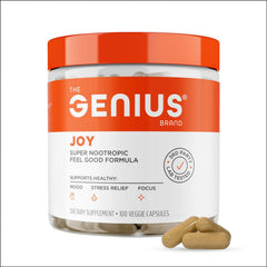 Genius Joy capsules closeup highlighting nootropic blend for focus
