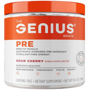 The Genius Brand Genius Pre bottle label highlights premium ingredients for sharper focus.