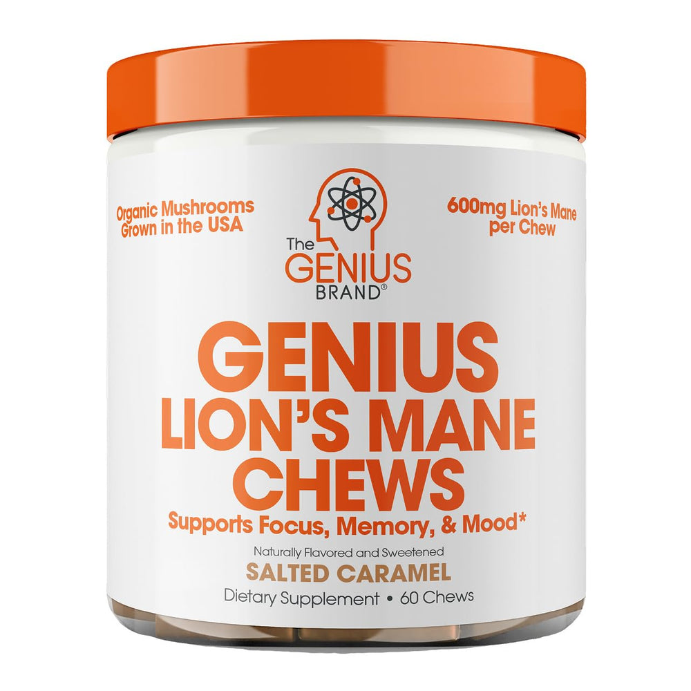 The Genius Brand Lion's Mane soft chews bottle on desk suggests daily focus support.