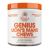 The Genius Brand Lion's Mane soft chews bottle on desk suggests daily focus support.