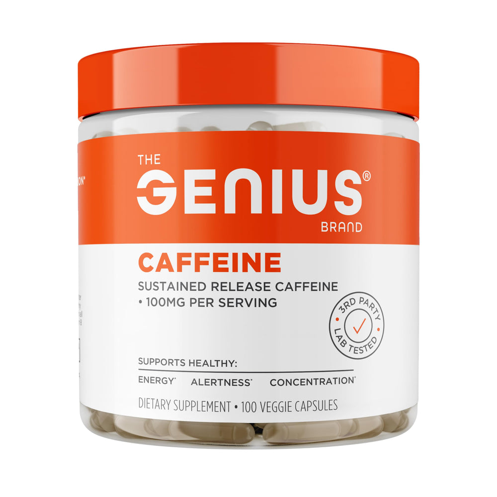 Genius Caffeine bottle shows capsules for steady energy and focus.