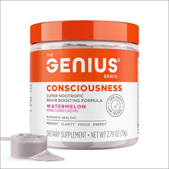 Genius Consciousness watermelon shake shows a refreshing drink promoting mental clarity during work.