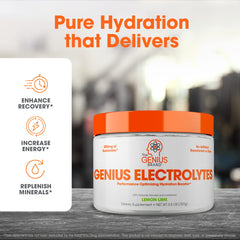 Close-up of Genius Electrolytes Lemon Lime powder dissolving smoothly in water.
