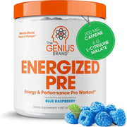 Genius Energized pre-workout bottle front with blue raspberry flavor for focused energy