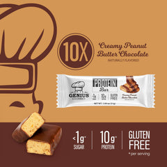 Genius Gourmet Protein Bar Chocolate Peanut Butter on-the-go snack in bag.