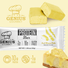 Genius Gourmet Protein Bar Iced Lemon Cake sliced view, portioned for on-the-go.