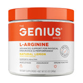 The Genius Brand Genius L-Arginine powder lemon bottle for enhanced workout focus.