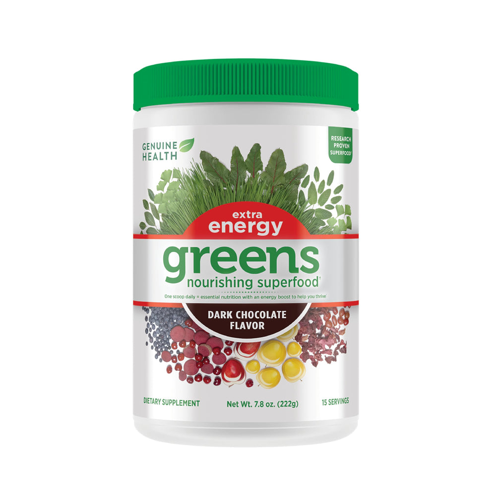 Genuine Health Greens + Extra Energy front view jar boosts morning energy and focus.