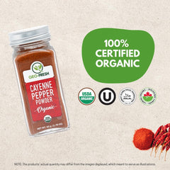 Geo-Fresh Cayenne Pepper Powder packaging emphasizing versatility in cooking.