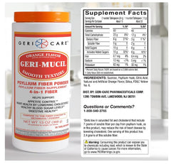 GeriCare Geri-Mucil orange-flavor powder dissolves in water for pleasant daily use