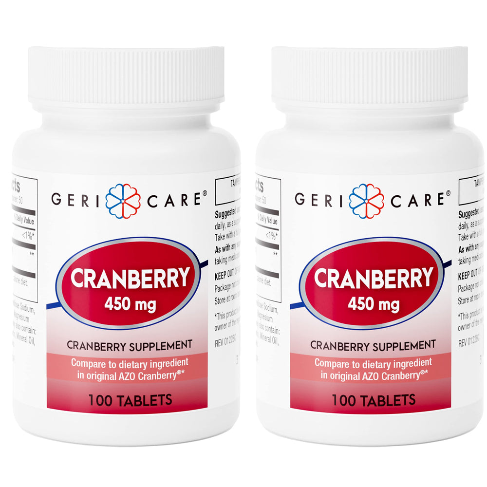 GeriCare cranberry tablets bottle front view for daily urinary tract support.