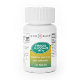 GeriCare ferrous gluconate tablets bottle closeup for easy daily iron support