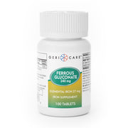 GeriCare ferrous gluconate tablets bottle closeup for easy daily iron support
