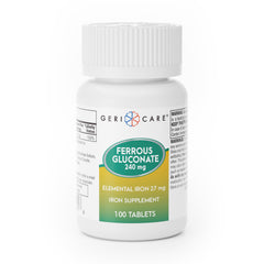 GeriCare ferrous gluconate tablets bottle closeup for easy daily iron support