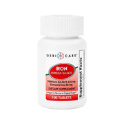 GeriCare Ferrous Sulfate tablets bottle front showing high potency iron support
