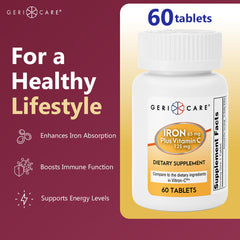 GeriCare bottle back label with dosage guidance for daily use