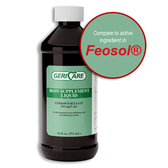 GeriCare Liquid Iron bottle pour shows easy dosing for steady energy.