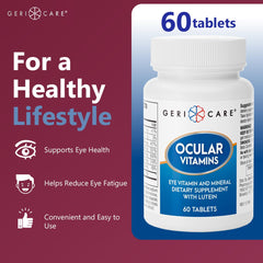 Close-up of GeriCare ocular vitamins label showing lutein and minerals for eye support.