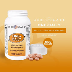 GeriCare One-Daily tablets closeup showing easy daily energy support.