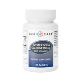 GeriCare oyster shell calcium bottle close-up for bone support with vitamin D