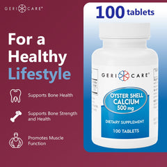 GeriCare Oyster Shell Calcium tablets close-up highlighting smooth texture for comfortable daily calcium intake supporting bone health