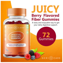 GeriCare gummies close-up highlighting plant-based fiber for regularity.