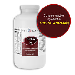 GeriCare Thera M bottle label visible with ingredient list and recommended daily use