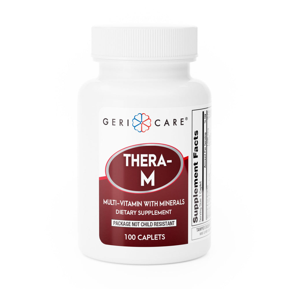 GeriCare Thera M bottle front shows daily multivitamin for overall wellness.