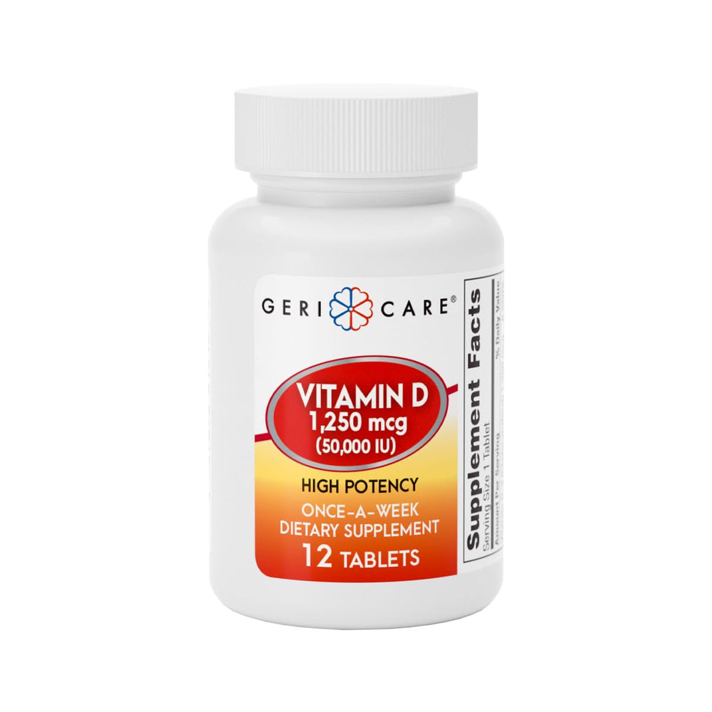 GeriCare Vitamin D 1,250 mcg bottle front view highlighting high potency for bone health.