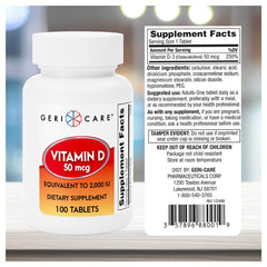 GeriCare Vitamin D 50mcg label close-up emphasizing immune support and calcium absorption.