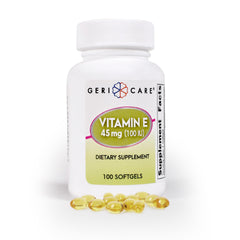 GeriCare Vitamin E 100IU bottle 100-count—daily antioxidant support for skin and immunity.