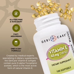GeriCare Vitamin E capsules close-up—soothing daily wellness via natural tocopherols.