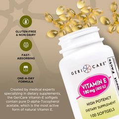 Close-up of GeriCare Vitamin E softgels ready for daily use