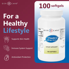 GeriCare vitamin E softgels pouring out of bottle for easy intake.