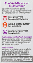 Geritol Balance bottle-back featuring ingredients and daily use recommendations.
