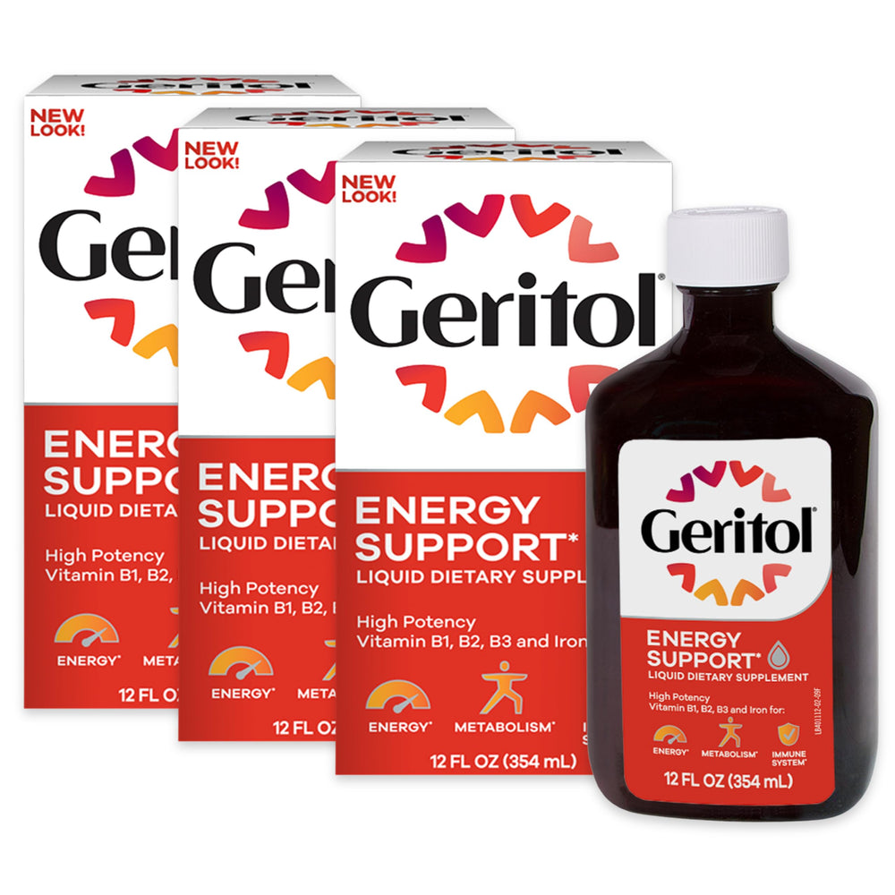 Geritol bottle pour shows easy-to-dose liquid energy support.
