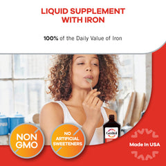 Geritol dosing spoon demonstrates daily tablespoon serving after meals.