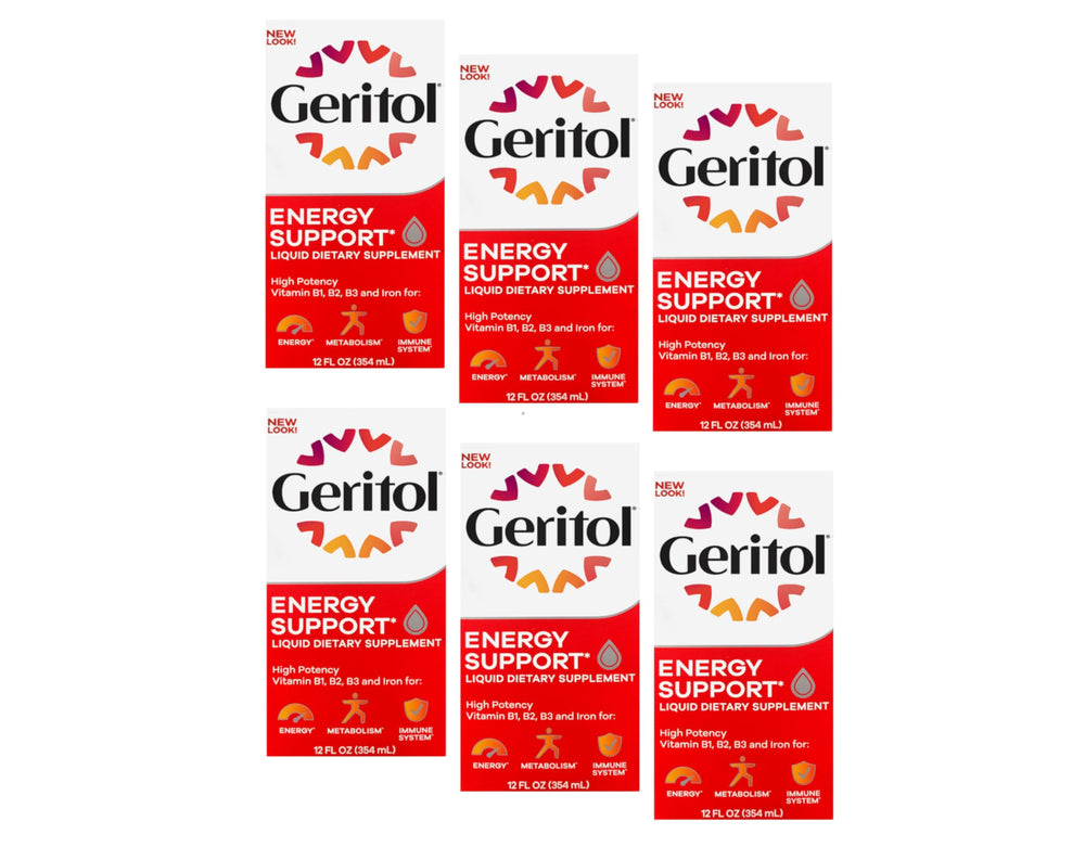 Geritol liquid bottle with measuring cup showing easy daily energy support
