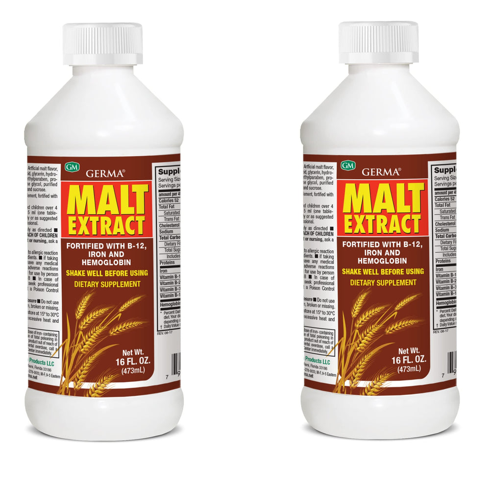Germa Malt Extract bottle pour for daily energy support with fortified vitamins.