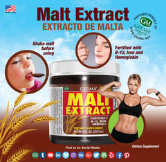 Germa malt extract label closeup highlighting iron and B12 fortification for balanced nutrition.
