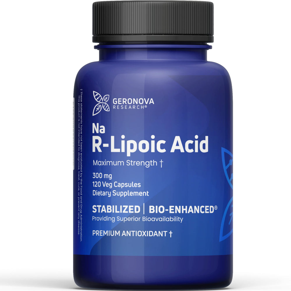 Geronova Research bio-enhanced R-Lipoic Acid bottle front showing premium absorption