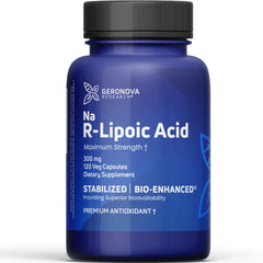 Geronova Research bio-enhanced R-Lipoic Acid bottle front showing premium absorption
