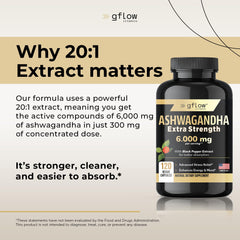 Gflow Ashwagandha 6000mg bottle label highlights high potency extract.