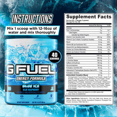 G Fuel Blue Ice label close-up highlights antioxidants and vitamins for daily energy
